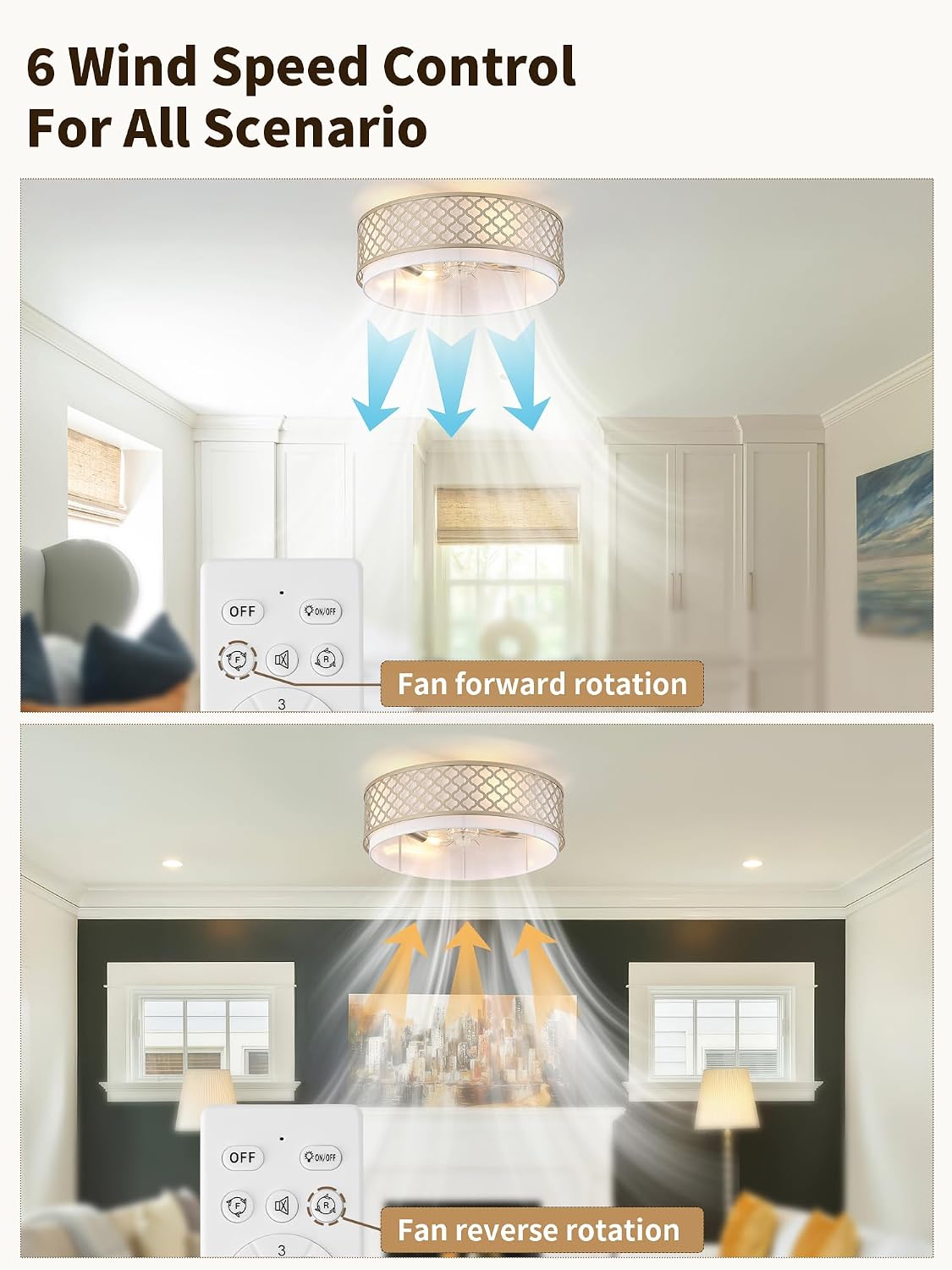 20' Gold Flush Mount Ceiling Fan with Light, Boho Ceiling Fans with Lights, Enclosed with Remote Control 6 Speeds for Living Room, Bedroom, Nursery