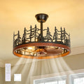 23.6 Inch Farmhouse Rustic Ceiling Fans with Lights, Vintage Walnut Wheels Flush Mount Bladeless Chandeliers Fan, Adjustable Height, Black Caged Fandelier Ceiling Fan Light for Living Room
