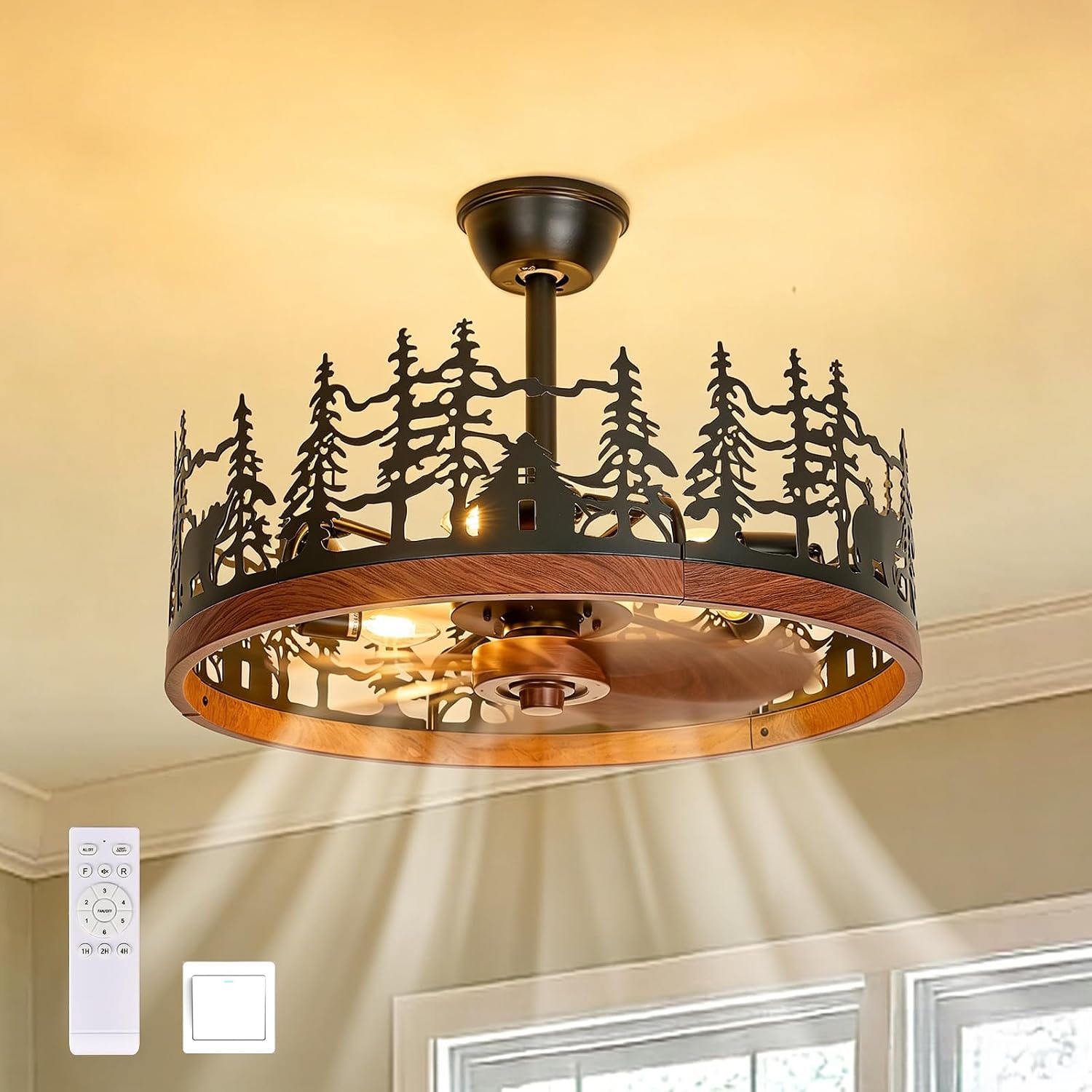 23.6 Inch Farmhouse Rustic Ceiling Fans with Lights, Vintage Walnut Wheels Flush Mount Bladeless Chandeliers Fan, Adjustable Height, Black Caged Fandelier Ceiling Fan Light for Living Room