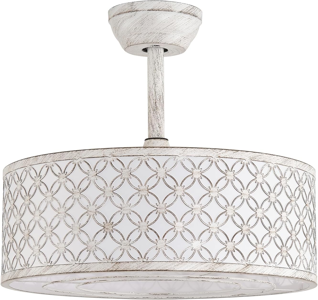 White Fandelier Ceiling Fan with Light, 20' Caged White Chandelier Ceiling Fans with Lights Remote Control, Fabric Mid-Century Modern with 6 Speeds for Bedroom, Nursery, Living Room.