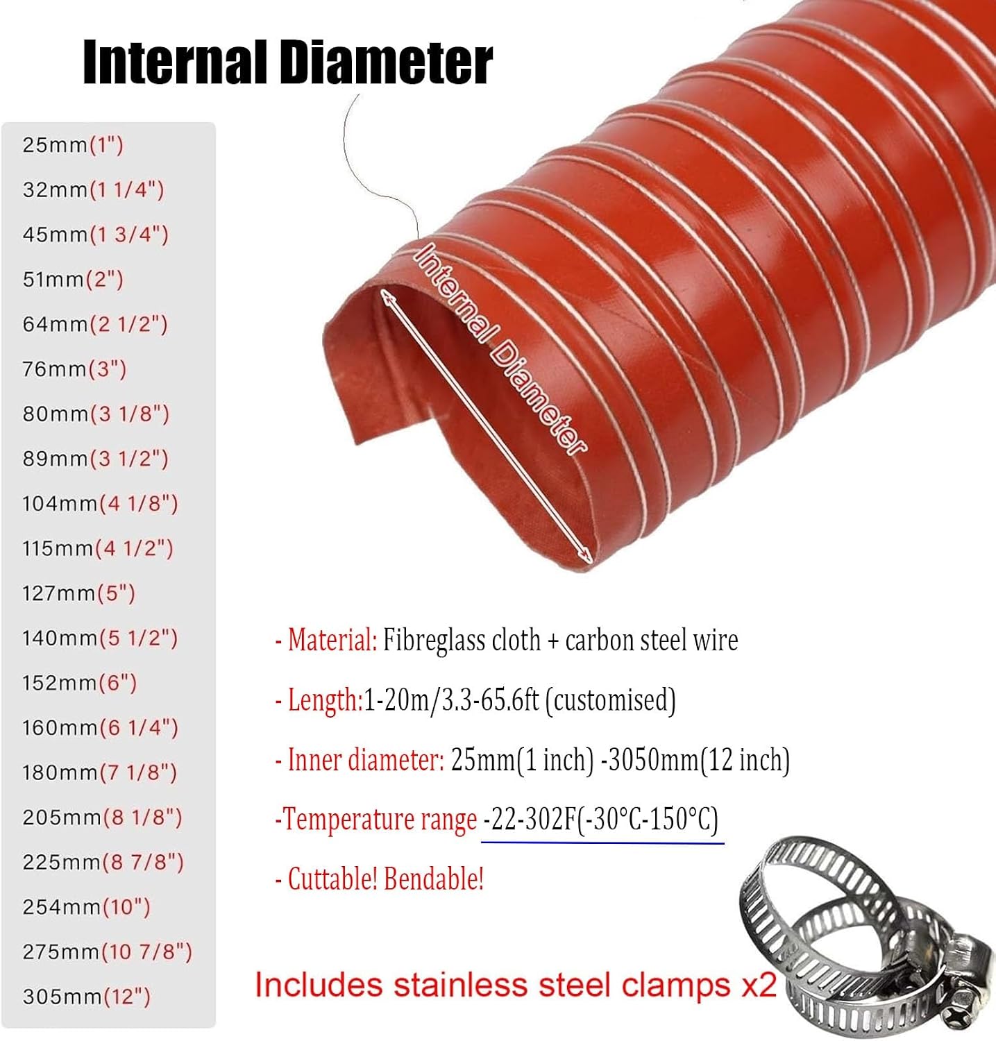 Flexible Ducting Hose, 1 Meter-10 Meter Heat-resistant Exhaust Hose, for Auto Shop Dryer Power Generator Ac, Air Duct Induction Intake Pipe Hose With Clamps & Steel Support(115mm(4 1/2'),L-10m(32.8ft)