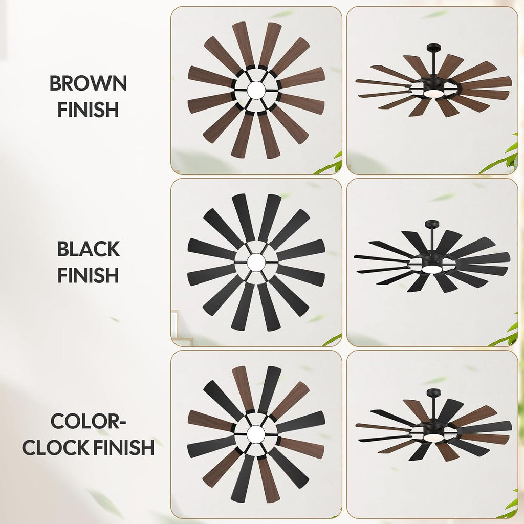 72'' Farmhouse Ceiling Fan with Light,12 Dual-Finish Wind Mill Blades, 3 Downrods, 6-Speed Reversible DC Motor, High CFM, 3CCT, Indoor Outdoor Industrial Fan for Patio Commercial Shop Garage