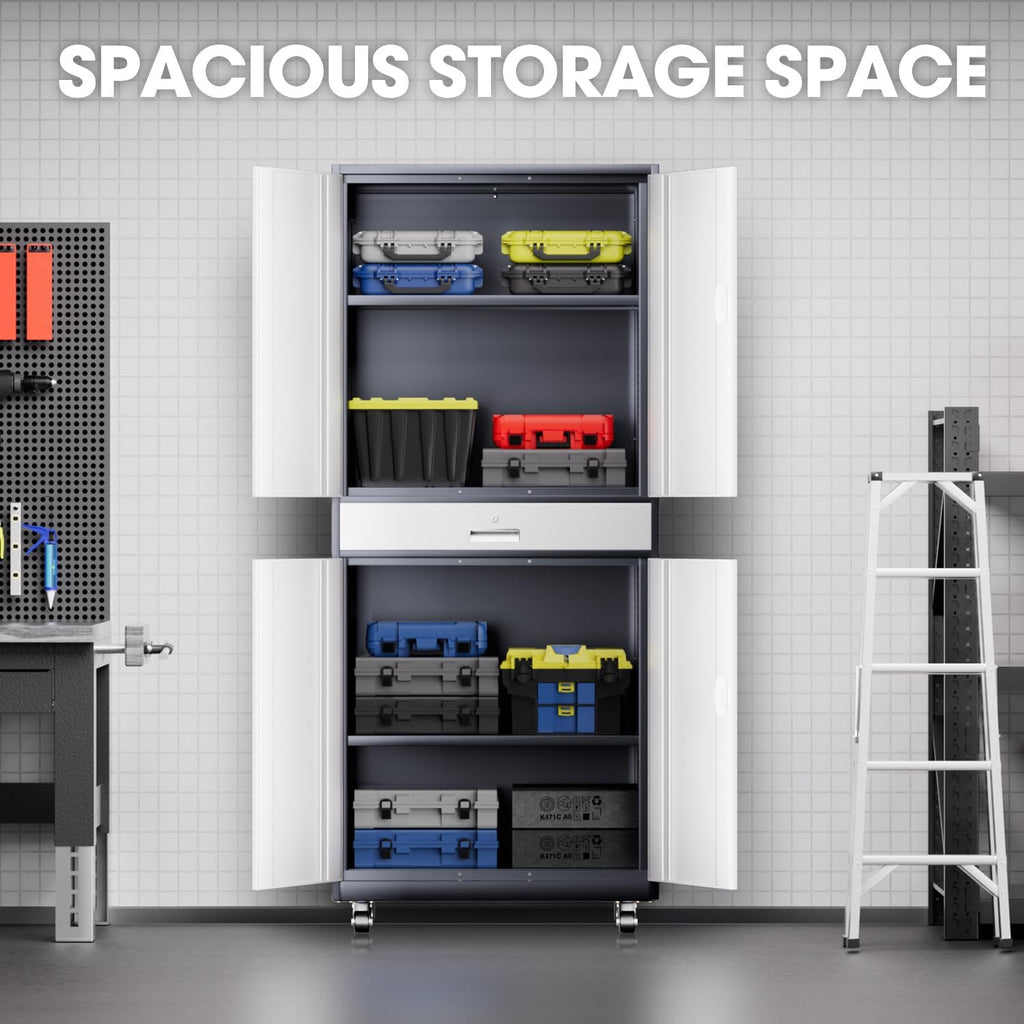 DNA Motoring 73'' Metal Storage Cabinet, Rolling Garage Cabinet with 1 Drawer and Adjustable Shelves, Lockable Heavy Duty Metal Locker for Garage,Office,Home,Gray White, TOOLS-00630-GY-WH-A
