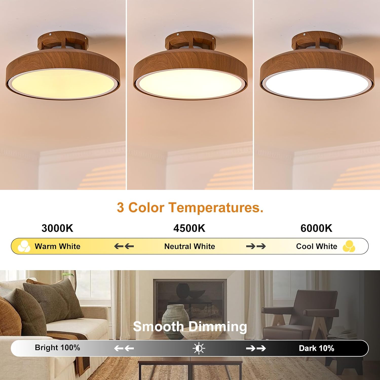 Bladeless Ceiling Fans with Lights and Remote, 18.9' Farmhouse Embedded Ceiling Fan Light, Flush Mount Dimmable LED Chanelier Fan for Bedroom,Walnut Color