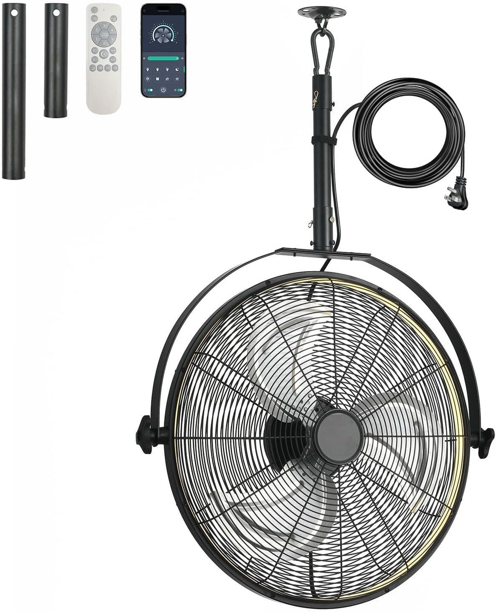 AHAWILL 22.8' Outdoor Hanging Ceiling Fan with Light - 360 Rotatable Fixed Angle,Plug-in,3CCT Dimmable,6 Speeds,Timer & Reversible,2-in-1 Hanging/Standing,Ideal for Gazebos,Patios,Tool Room,Garage.