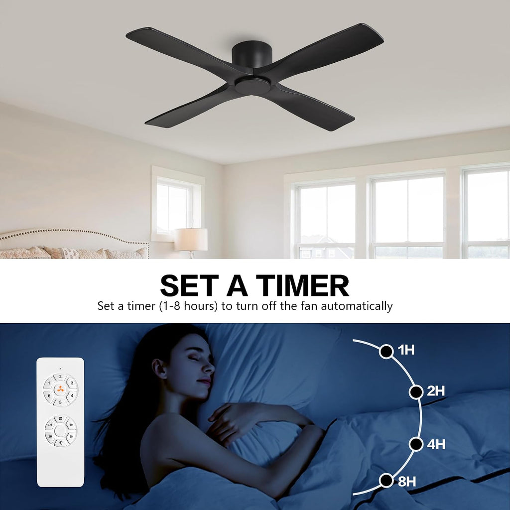 WINGBO 48 Inch Flush Mount DC Ceiling Fans without Lights, 4 Carved Solid Wood Blades, 6-Speed Reversible DC Motor, Low Profile Hugger Ceiling Fan No Lights for Indoor and Outdoor, Matte Black
