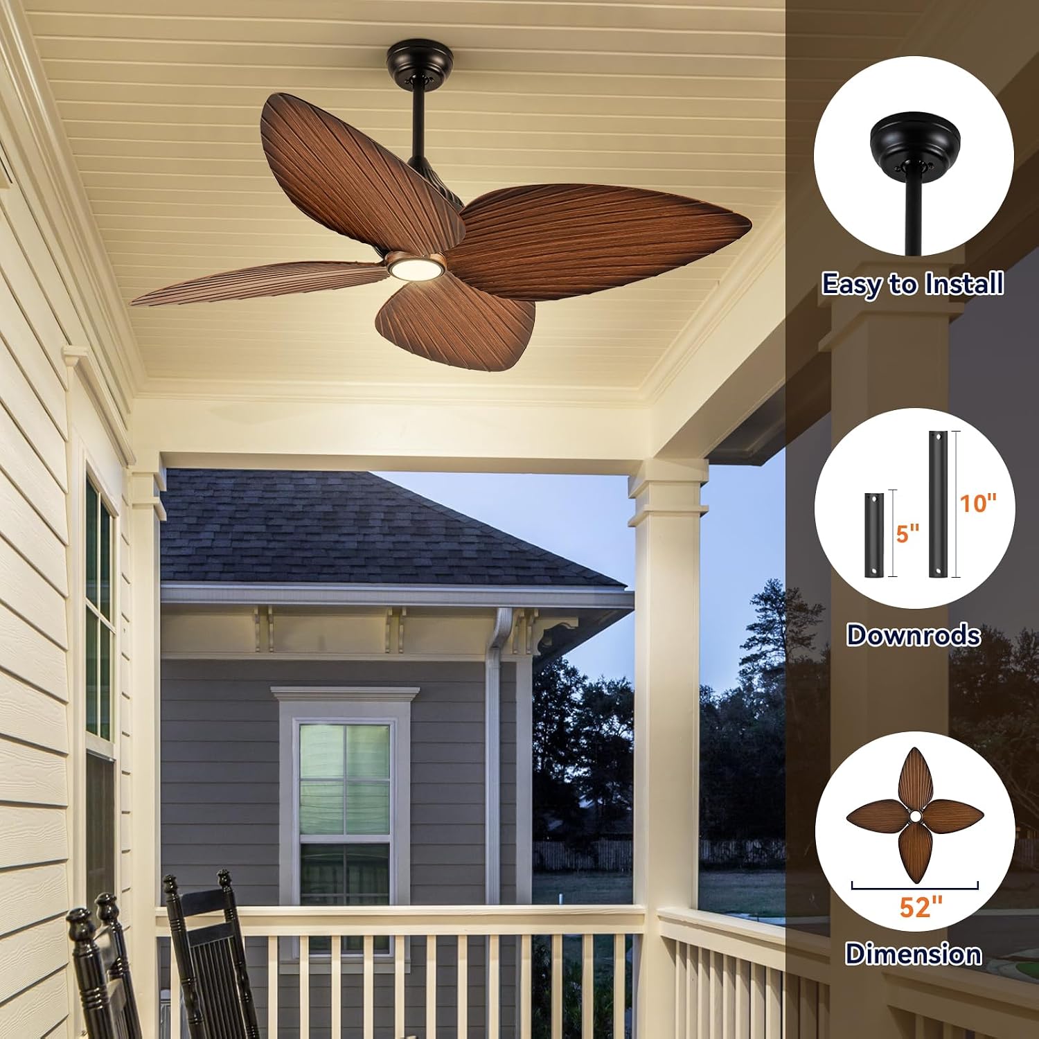 Outdoor Ceiling Fans For Patios With Light Waterproof, 52 Inch Tropical Ceiling Fan, 4 Palm Leaf Blades With Remote For Wet Rated Outside Exterior Porch, Pergola, Gazebo, Island, Black