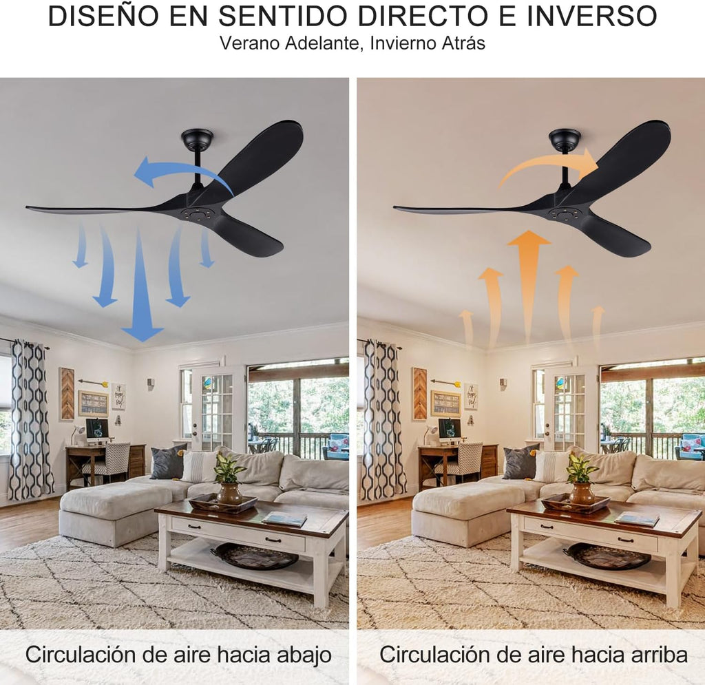 60 Inch Ceiling Fans without Lights, Black Ceiling Fans no Lights with Remote Control, 3 Solid Wood Blades, Indoor Outdoor Ceiling Fan for Patios Living Room