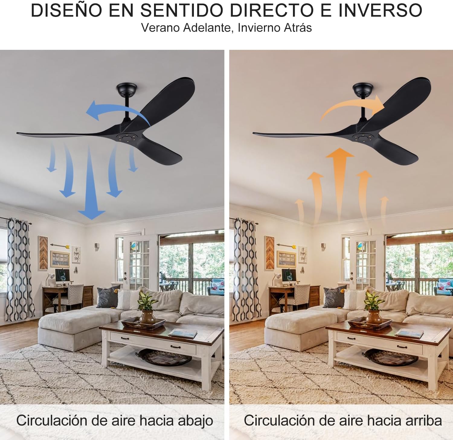 60 Inch Ceiling Fans without Lights, Black Ceiling Fans no Lights with Remote Control, 3 Solid Wood Blades, Indoor Outdoor Ceiling Fan for Patios Living Room