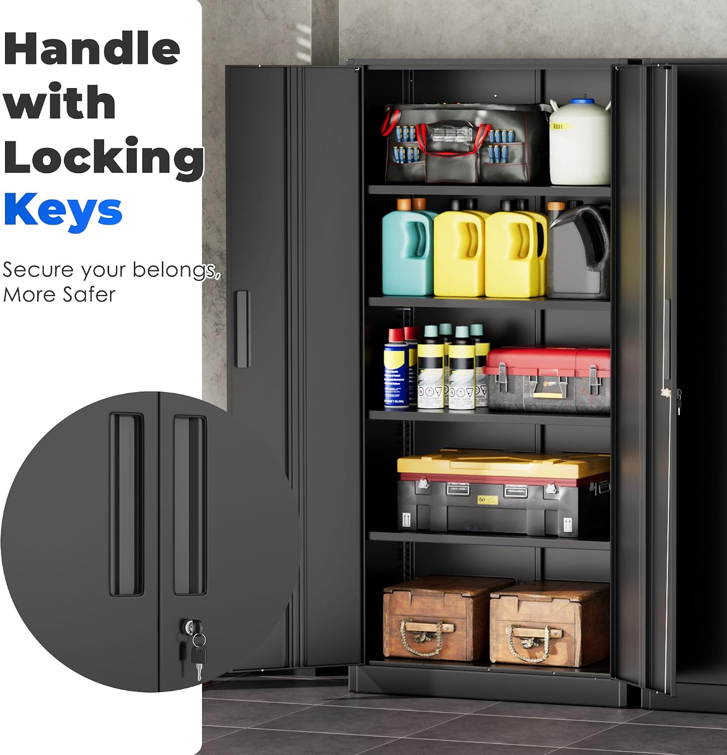 INTERGREAT Garage Storage Cabinet with Doors and Shelves, Metal Storage Cabinets with Lock, Lockable Steel Supply Cabinet for Home Office, Warehouse, Black