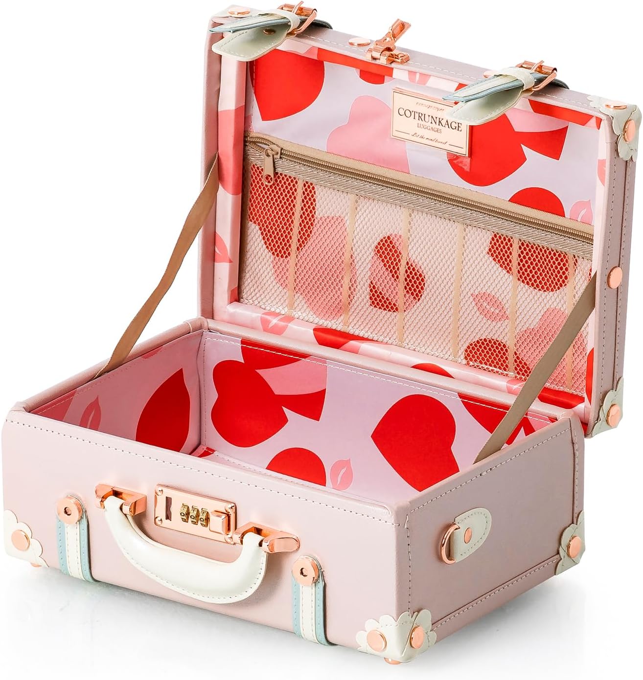 COTRUNKAGE 16' Carry On Suitcase Cute Pu Overnight Vintage Trunk Luggage Bag for Women with Combination Locks, Cherry Pink