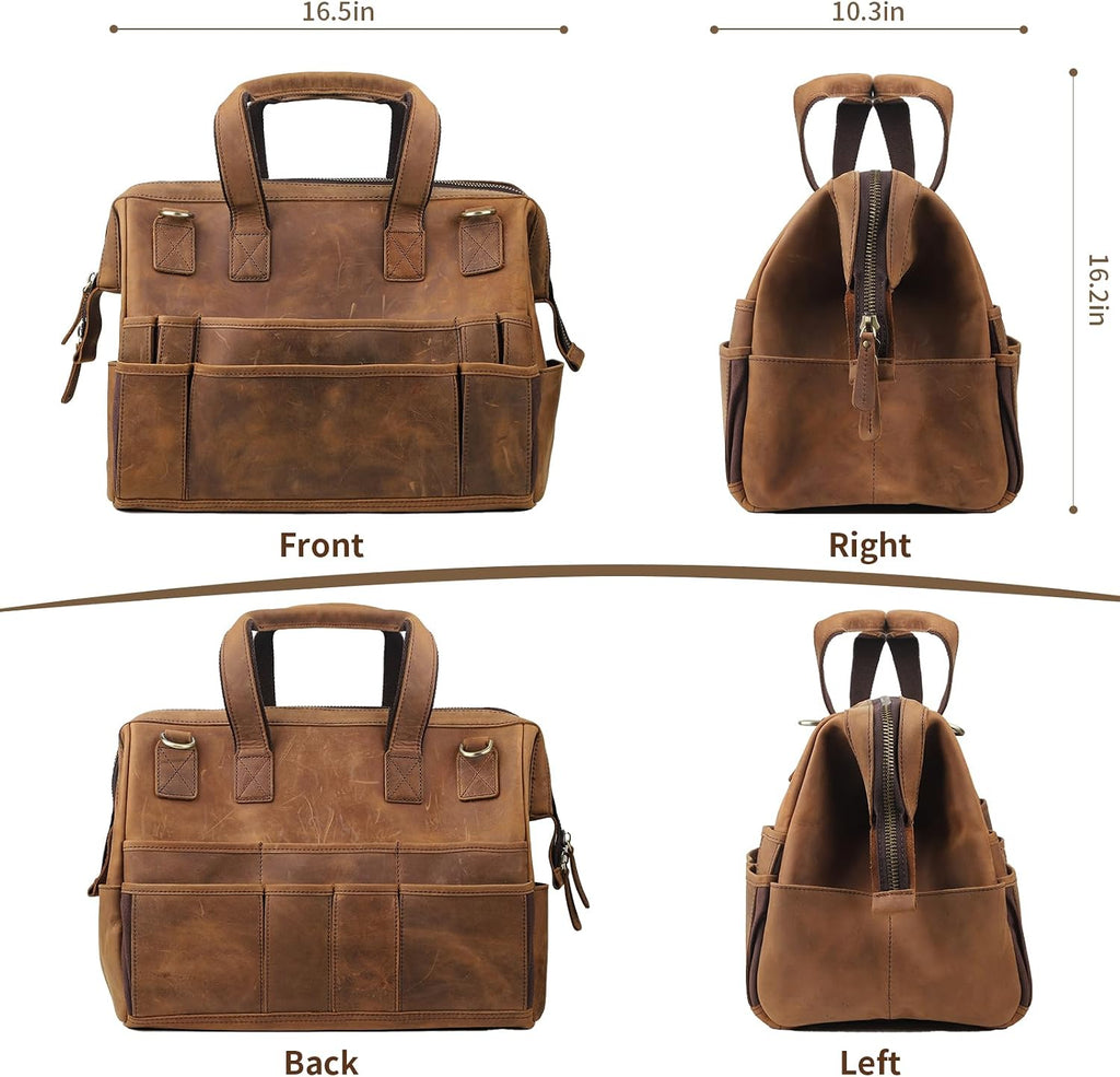 Leather Tool Bag Wide Mouth Tool Storage Bag for Hand Tools 16 inch Tool Tote Bag, Gardening, Outdoorsmen, Heavy Duty Organizer Electrician Tool Bag
