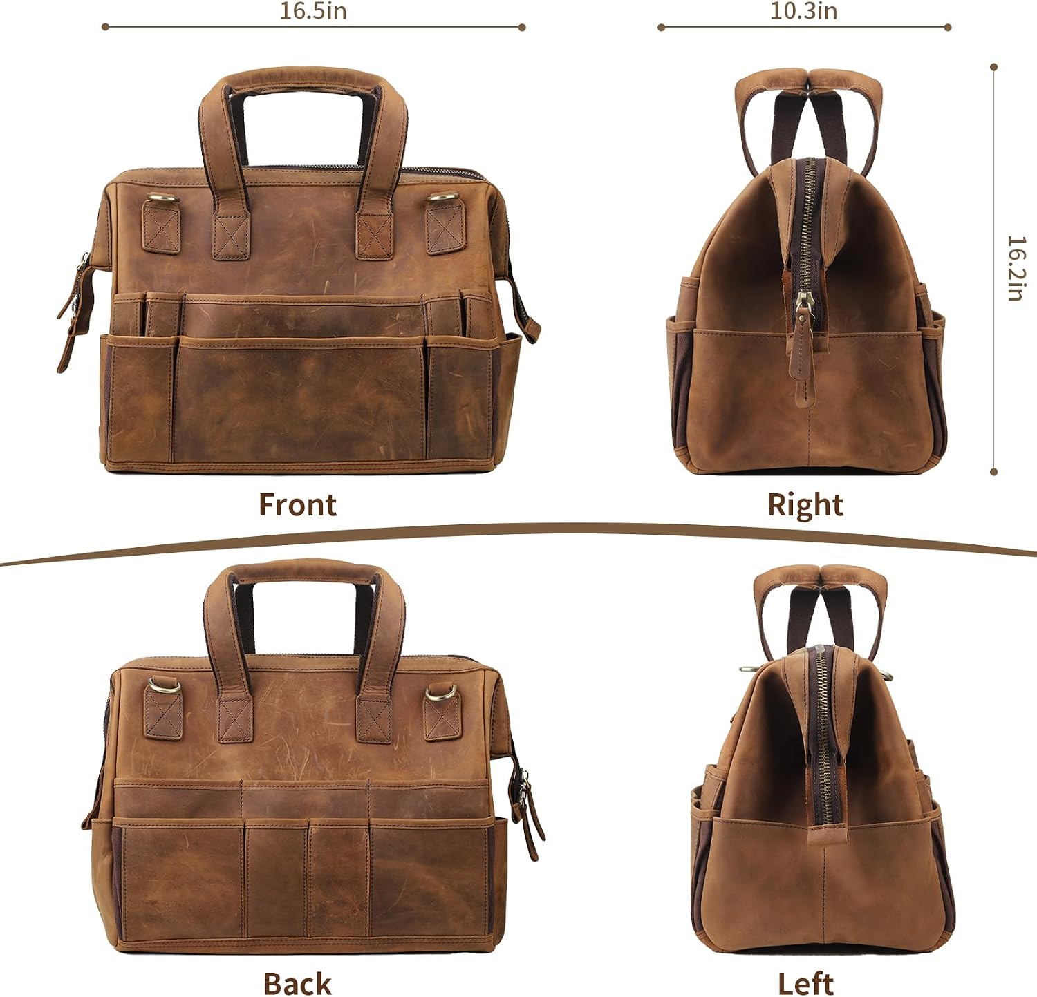 Leather Tool Bag Wide Mouth Tool Storage Bag for Hand Tools 16 inch Tool Tote Bag, Gardening, Outdoorsmen, Heavy Duty Organizer Electrician Tool Bag