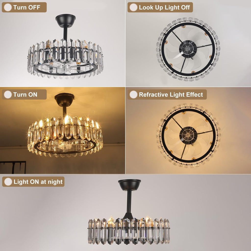 CLAIRDAI Black Crystal Caged Ceiling Fan with Light, 20.7'' Fandelier, 6 x E12 Bulbs Required, Remote Control, 6-Speed Reversible Ceiling Fan, Flush Mount for Bedroom Living Room Dining Room