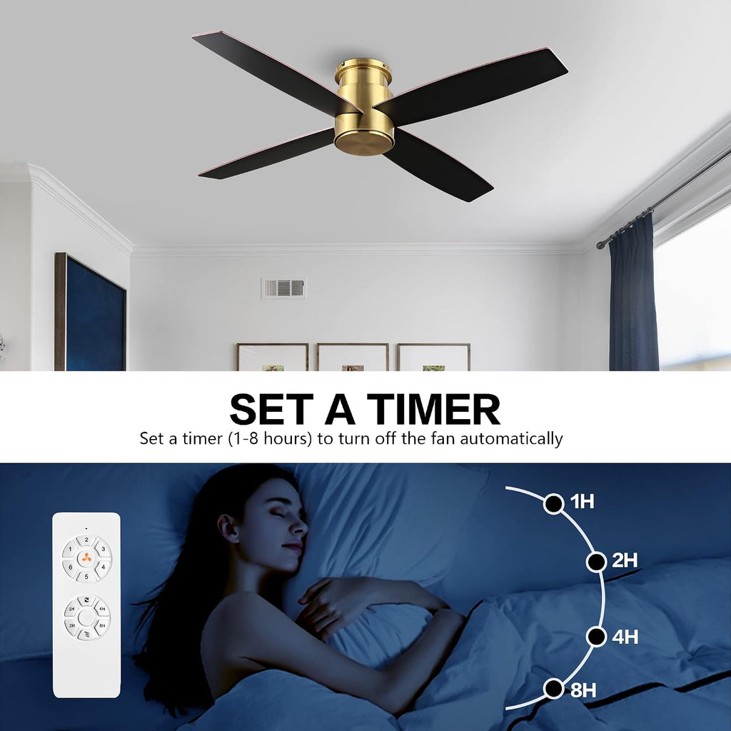 WINGBO 52' Flush Mount DC Ceiling Fan without Lights, 4 Reversible Blades, Ultra Quiet 6-Speed DC Motor, Hugger Low Profile Indoor Ceiling Fan No Lights, Brass Finish