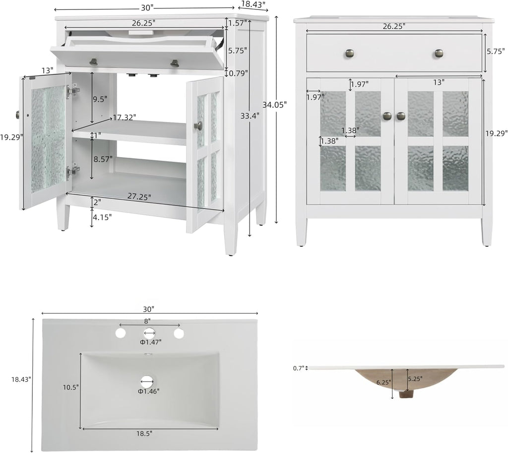 30' Bathroom Vanity with Sink, Bathroom Sink with Cabinet, Adjustable Interior Shelf, Convenient Tip-Out Tray, Silver Metal Knobs, A Modern and Practical Choice for Guest Suites