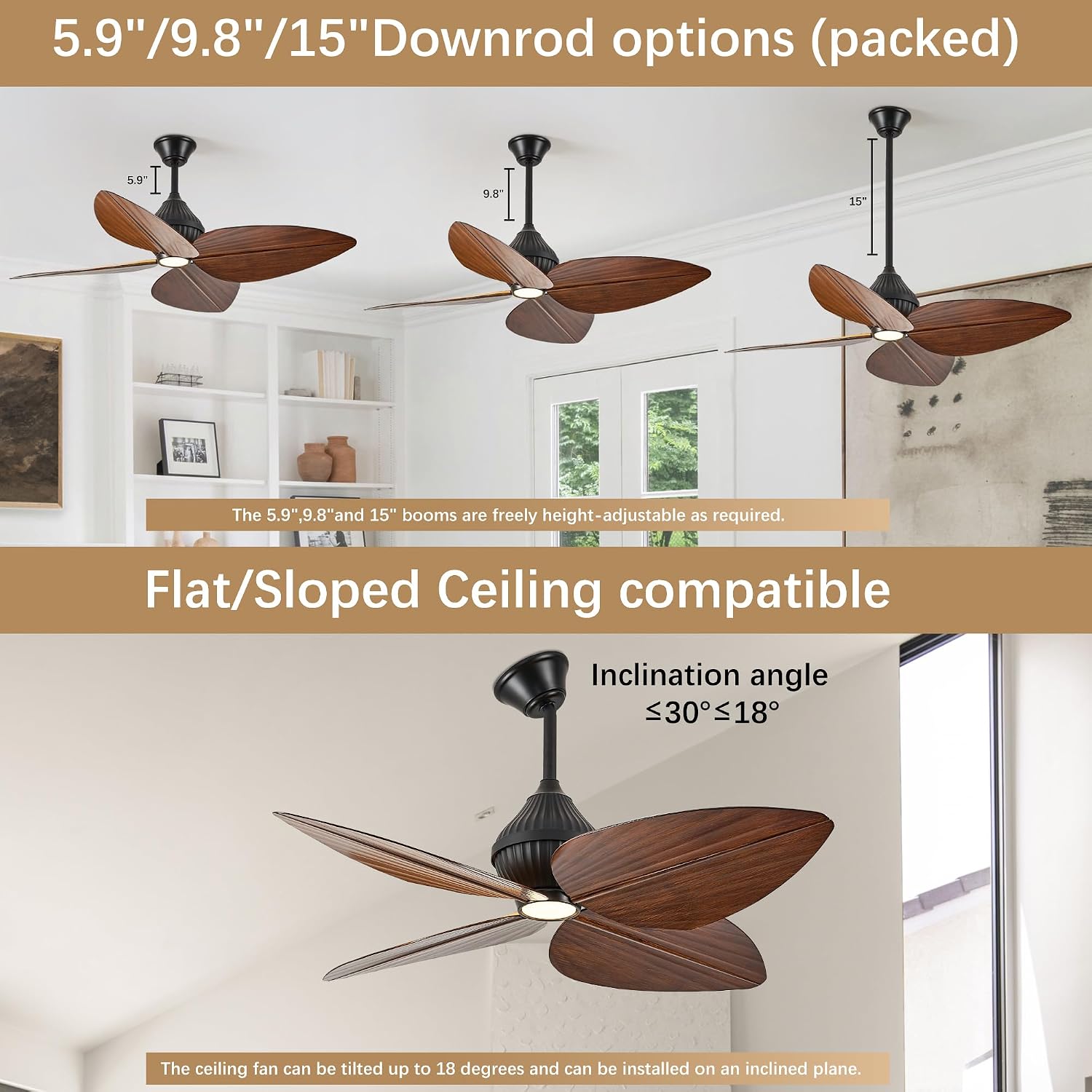 52' Ceiling Fan, Tropical Ceiling Fans with APP and Remote Control, Indoor Palm Leaf Ceiling Fans with Lights for Living Room Bedroom Patios, Dimmable(Walnut)