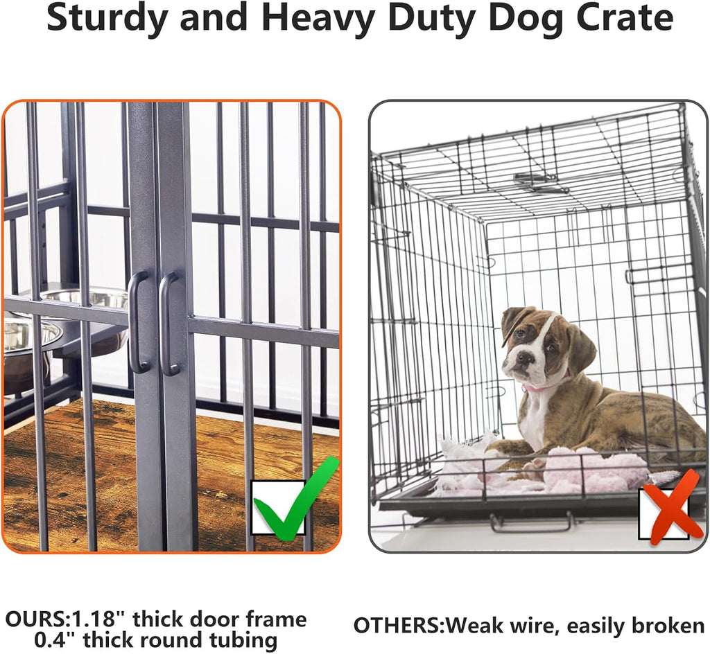 41 in Dog Crate Furniture, Medium Dog Kennel Indoor with Adjustable Bowls, Wooden Dog Cage Table Decorative for Small, Medium, Dog, Brown 41' L X 24' W X 36' H