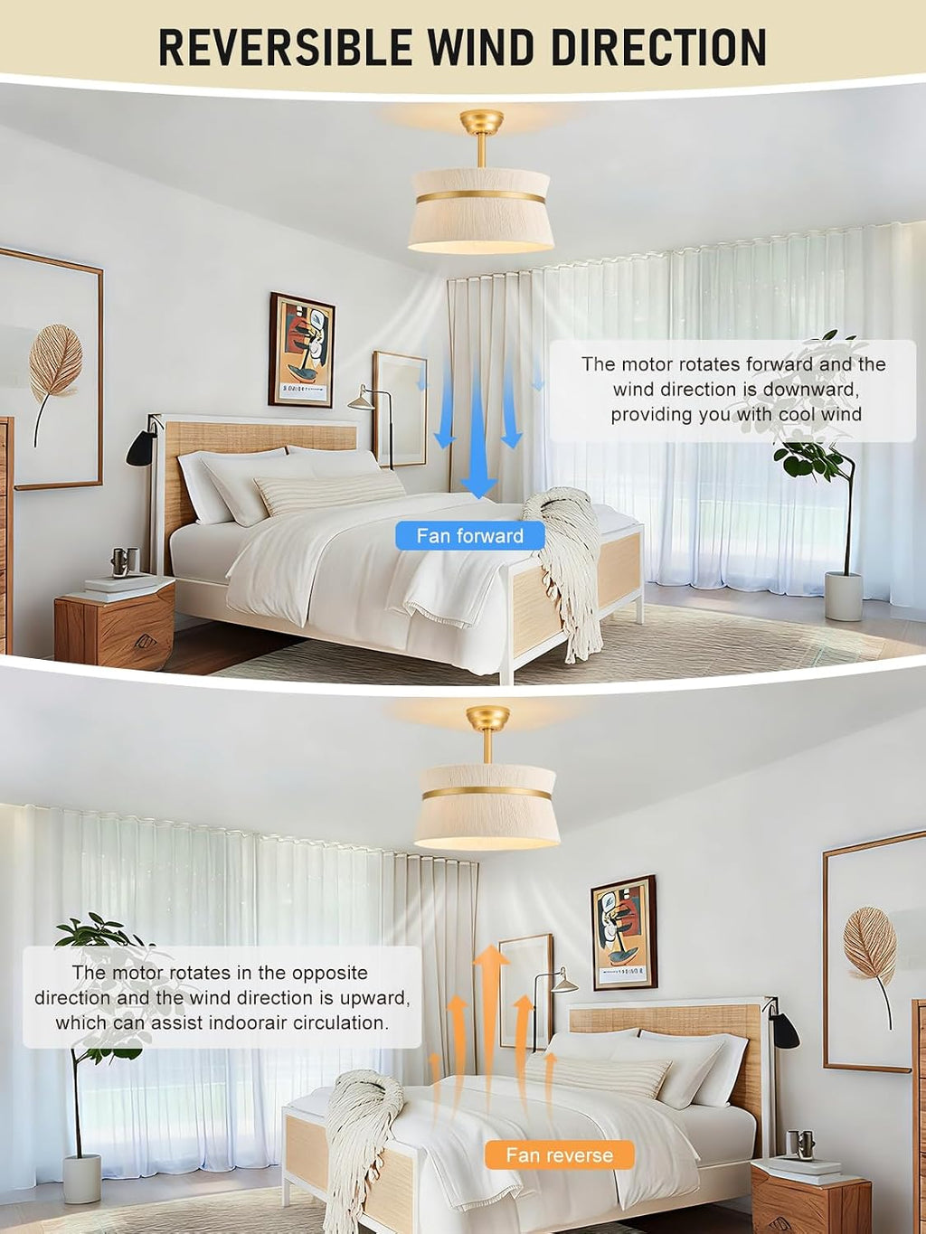 Boho Caged Ceiling Fan with Light，Rattan Fandelier Ceiling Fan with Light and Remote Control, Coastal Chandelier Fan for Bedroom, Living Room,Kitchen,Foyer(20 Inch, 6 Speed, Timing Adjustable Height)