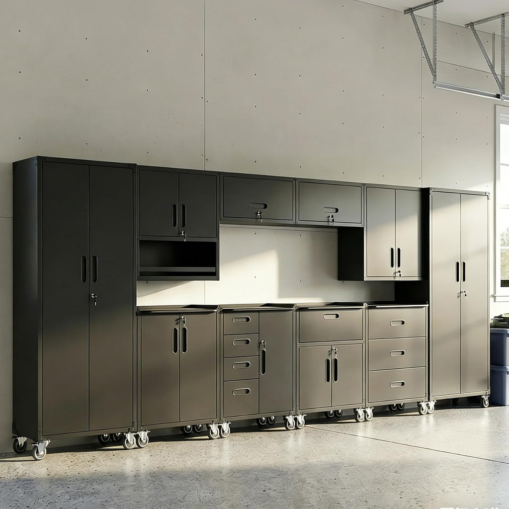 10-Piece Heavy Duty Steel Garage Cabinet System | All-in-One Modular Garage Cabinet Set for Ultimate Workshop Organization | Easy Assembly Garage Storage Cabinets & Tool Bench (Black)