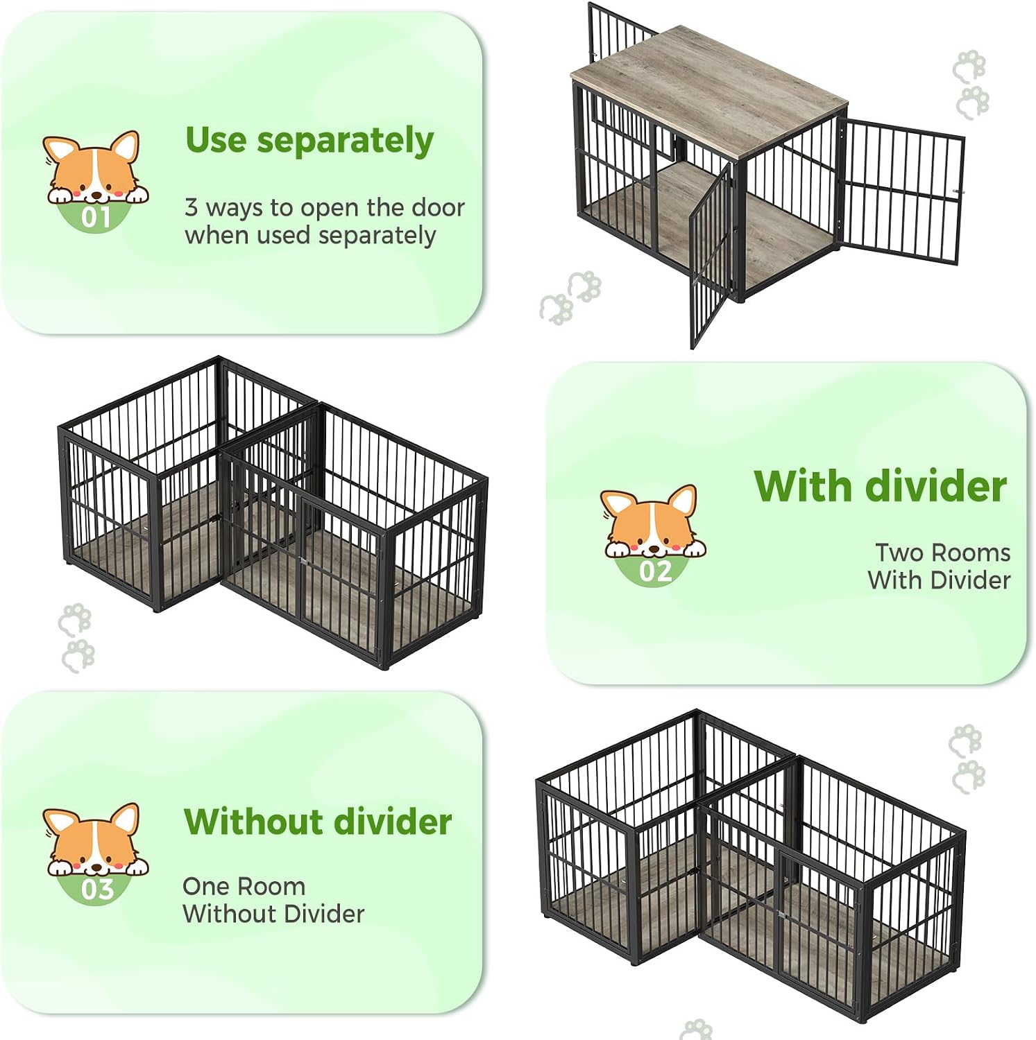 Lyromix 43'' L-Shaped Corner Dog Crate Furniture Large Breed with Double Rooms,Wooden Dog Crate End Table Indoor with Removable Divider for Small to Medium Dogs, Can Use Separately