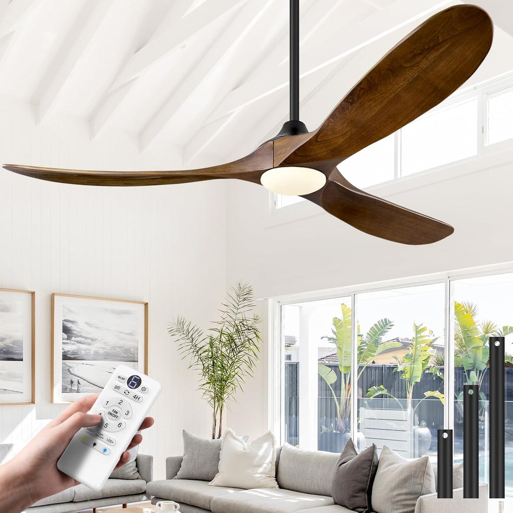 ABZ 52 Inch Ceiling Fans with Lights and Remote Control, Outdoor Ceiling Fan with Light 3 Blades Propeller Solid Wood Ceiling Fan for Indoor Bedroom Living Room, Walnut Wood