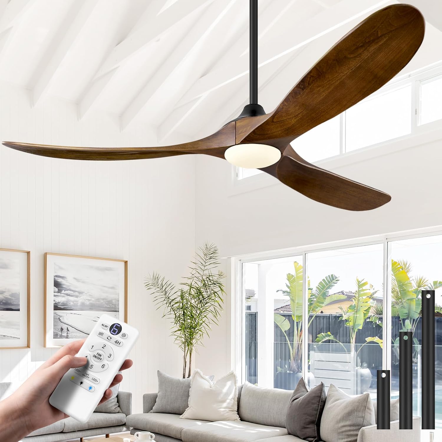 ABZ 52 Inch Ceiling Fans with Lights and Remote Control, Outdoor Ceiling Fan with Light 3 Blades Propeller Solid Wood Ceiling Fan for Indoor Bedroom Living Room, Walnut Wood