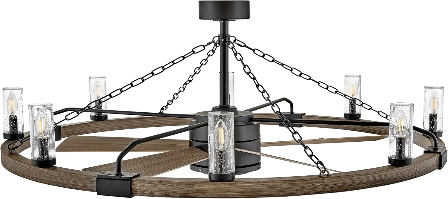 Hinkley Sawyer 52' LED Smart Ceiling Fan with Light and Remote, Rustic Wagon Wheel Chandelier Fandelier, Composite Material, Wet Rated Indoor Outdoor, Seedy Glass Shades, Matte Black and Driftwood
