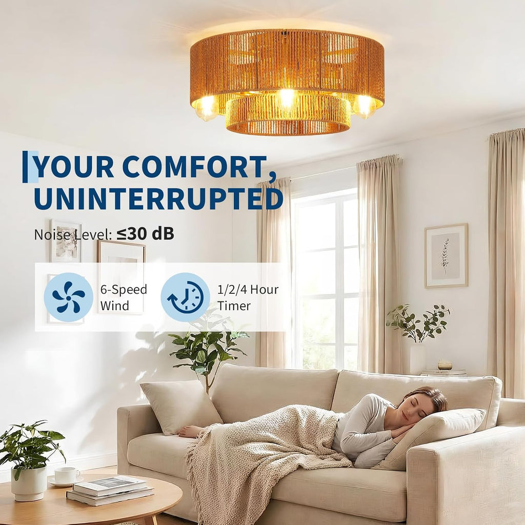 Garvee 20'' Rattan Boho Ceiling Fan with Light Flush Mount, Layered Caged Ceiling Fans with Lights and Remote, 6 Speeds Reversible, E26 Base, for Living Room Bedroom Kitchen