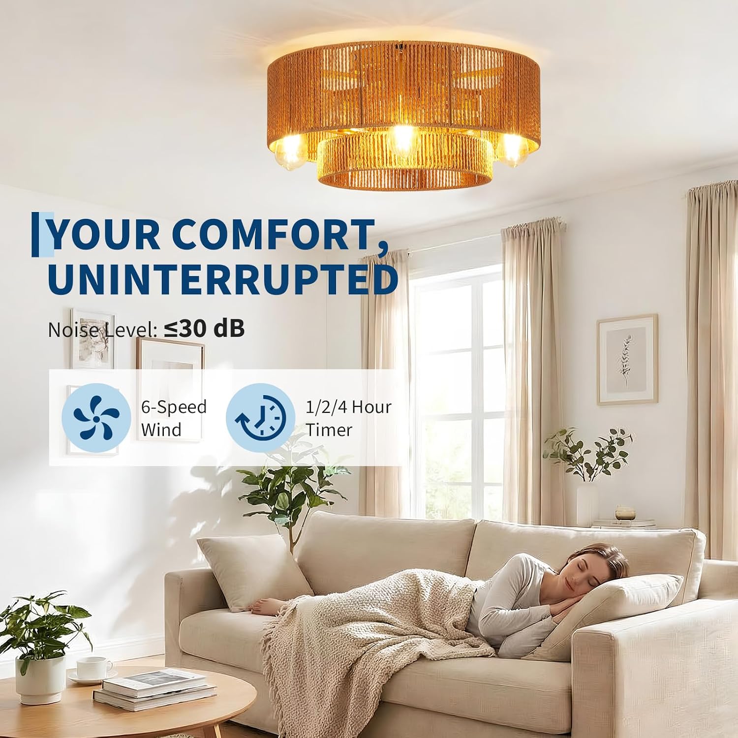 Garvee 20'' Rattan Boho Ceiling Fan with Light Flush Mount, Layered Caged Ceiling Fans with Lights and Remote, 6 Speeds Reversible, E26 Base, for Living Room Bedroom Kitchen