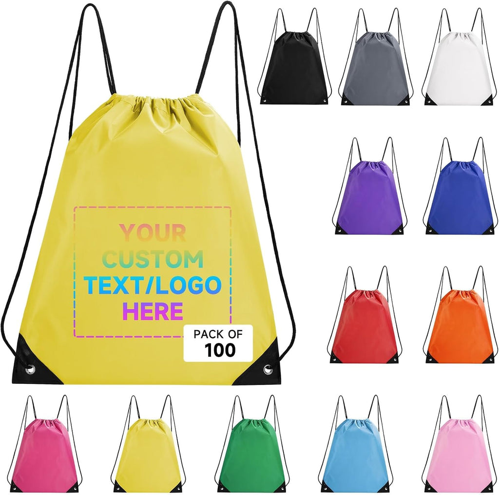 Custom Bags With Logo 100 Pack,Promotional Items Personalized Drawstring Backpack Bags Great for Gym and Everyday Use (Yellow)