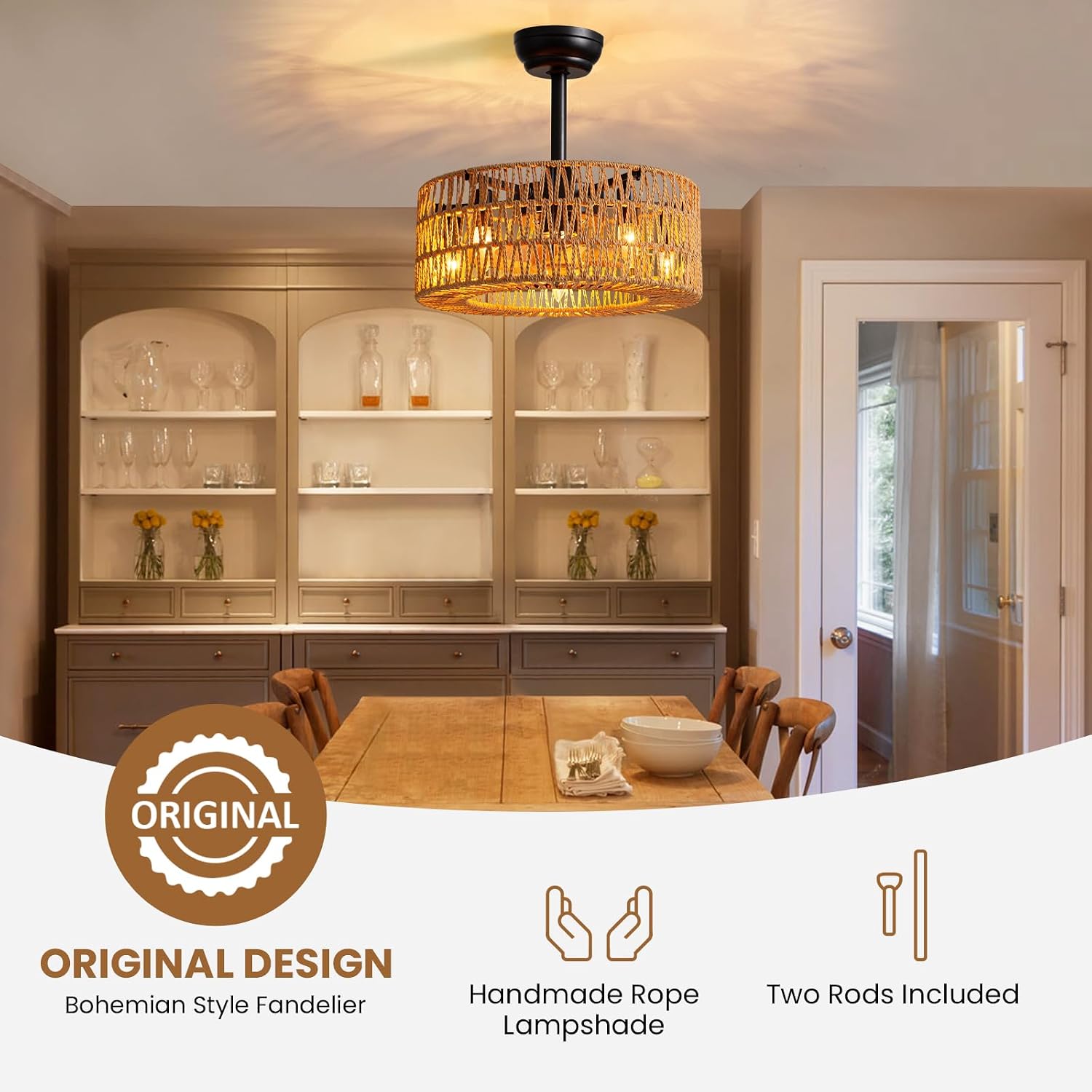 Boho Caged Ceiling Fan with Light, 18 inch Rattan Ceiling Fan with Light, Boho Fandelier, Farmhouse Fandelier Low Profile Cei ling Fan for Bedroom Kitchen Living Room Kids Room