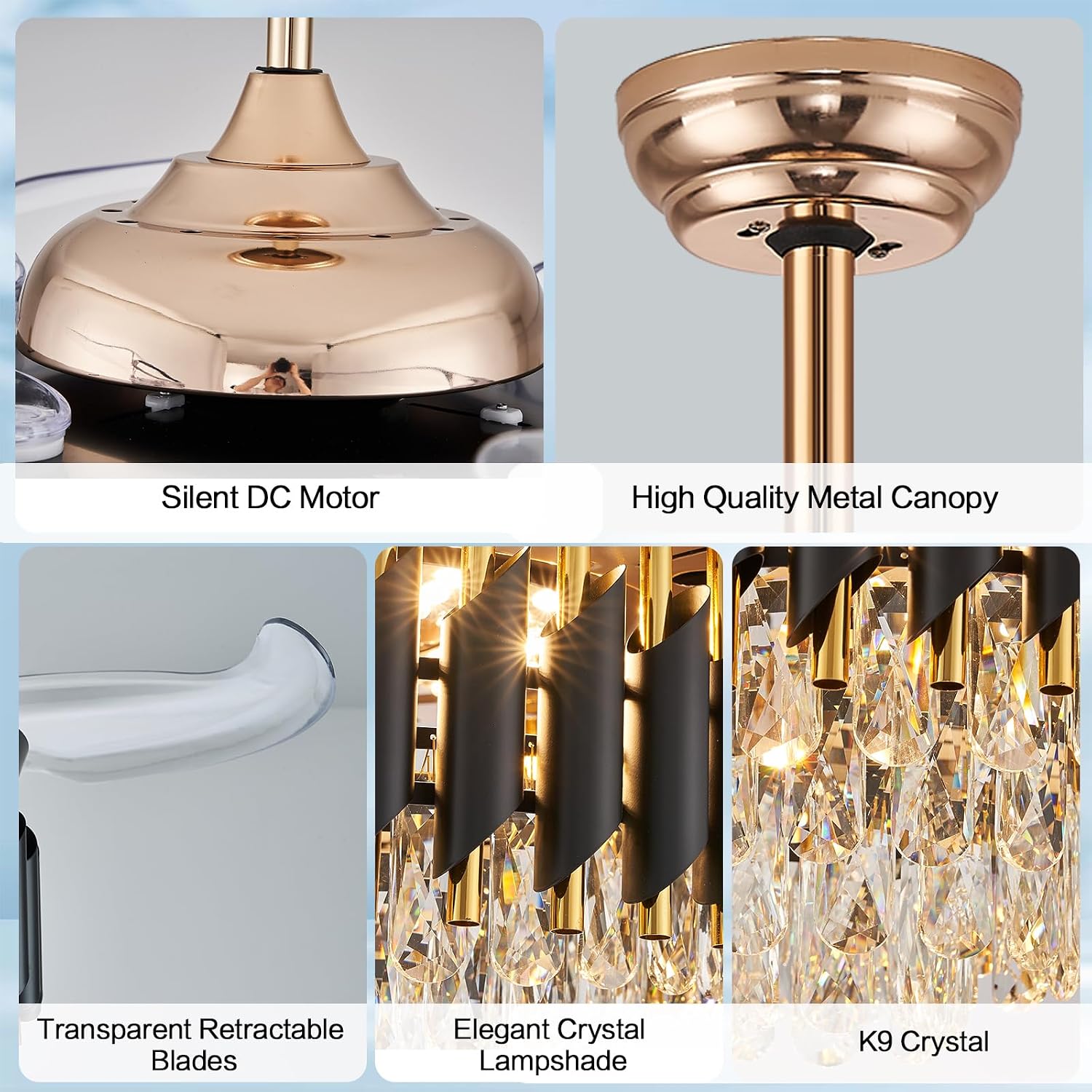 48' Dimmable Black and Gold Crystal Chandelier with Fan, Gold Fandelier Ceiling Fans with Lights and Remote Modern Retractable Blade Ceiling Fans for Dinning Room Living Room Kitchen