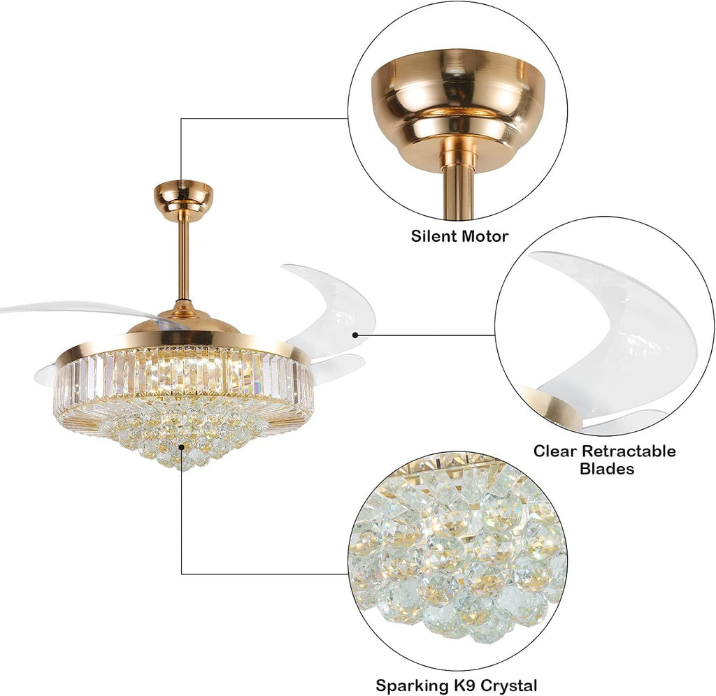 52 Inch Crystal Ceiling Fan with Light and Remote Modern Dimmable Fandelier Invisible Retractable Chandelier Fan Gold for Bedroom Living Room