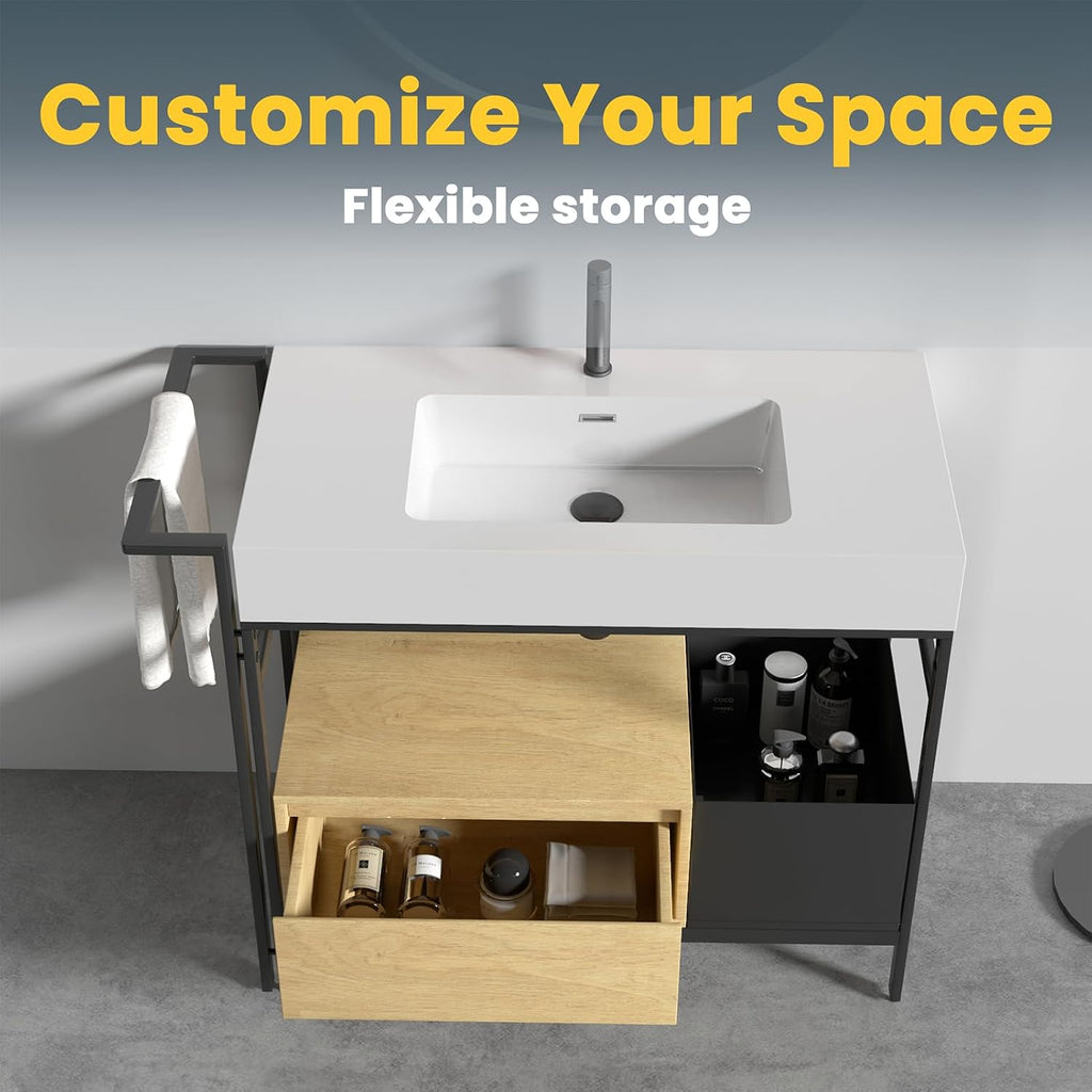 2 x 36 Inch Bathroom Vanity Set, Industrial Style Modular Bathroom Vanity with Quartz Sink Combo and Metal Frame and Drawers, Without Drainage and Faucet, Oak+White