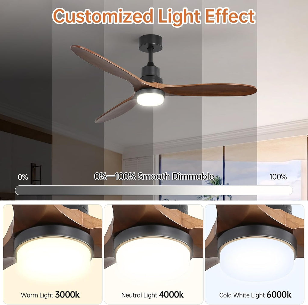 Sofucor 60 Inch Ceiling Fan with Lights Remote Control Walnut Blades Dimmable Light Reversible DC Motor Modern Wood Ceiling Fans for Kitchen, Bedroom, Basement, Dining, Living Room Matte Black