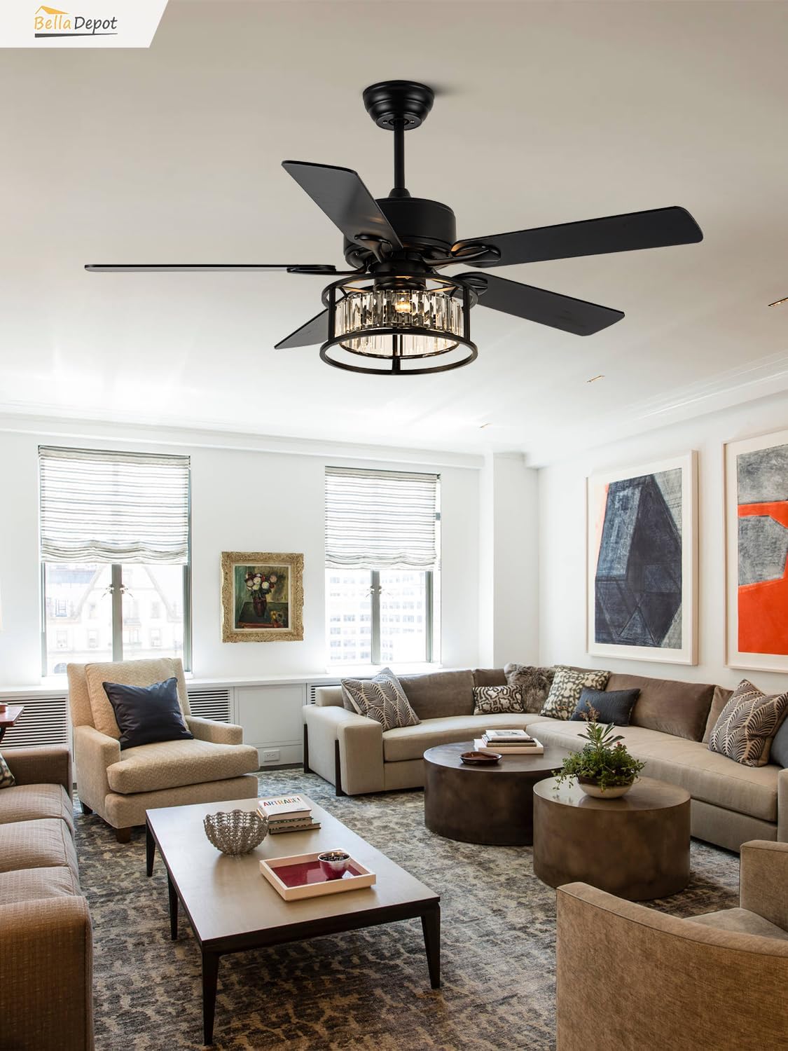 Bella Depot 52' Black Crystal Ceiling Fan with Remote, Caged Chandelier Fan with Light (No Bulbs Included), Quiet DC Motor for Dining Living Room Bedroom (Classic Black)