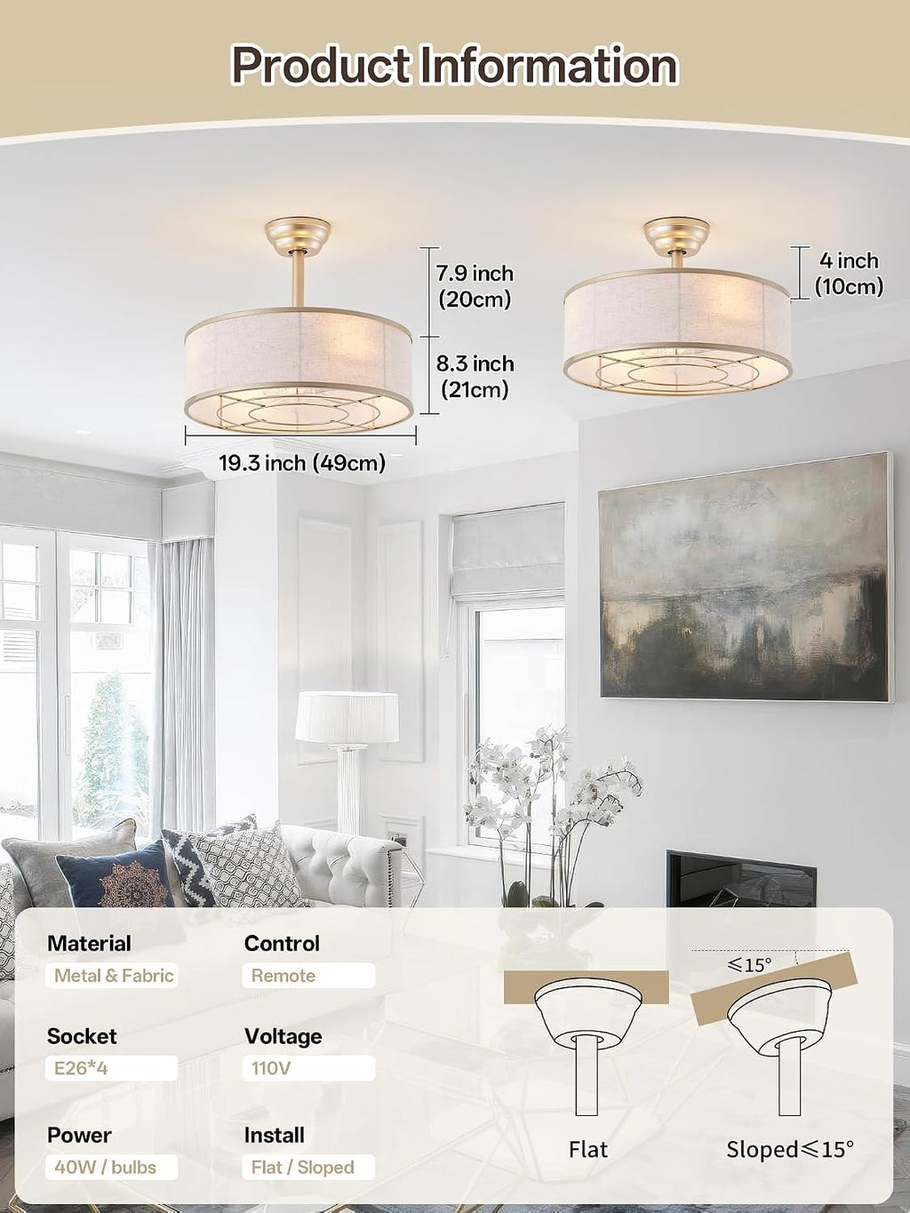 20' Gold Caged Boho Fandelier Ceiling Fan with Light & Remote Control - Bladeless Chandelier Fan, 6 Speed Quiet Reversible Motor for Bedroom, Nursery, Living Room
