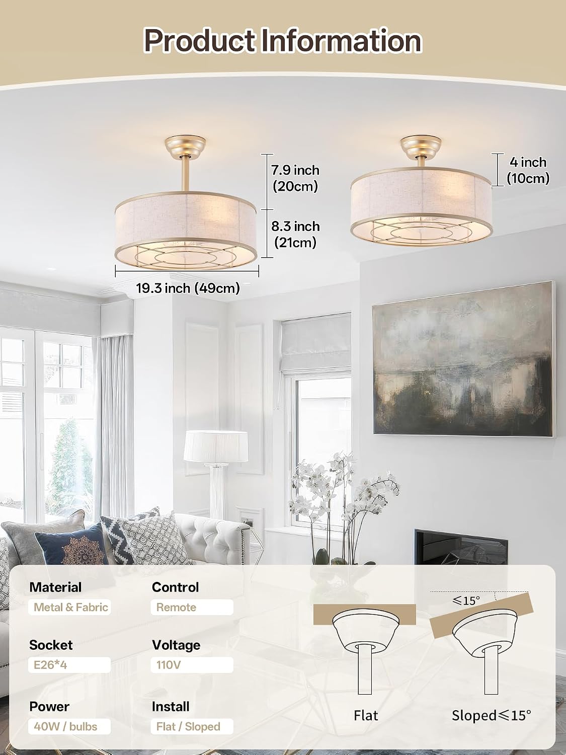 20' Gold Caged Boho Fandelier Ceiling Fan with Light & Remote Control - Bladeless Chandelier Fan, 6 Speed Quiet Reversible Motor for Bedroom, Nursery, Living Room