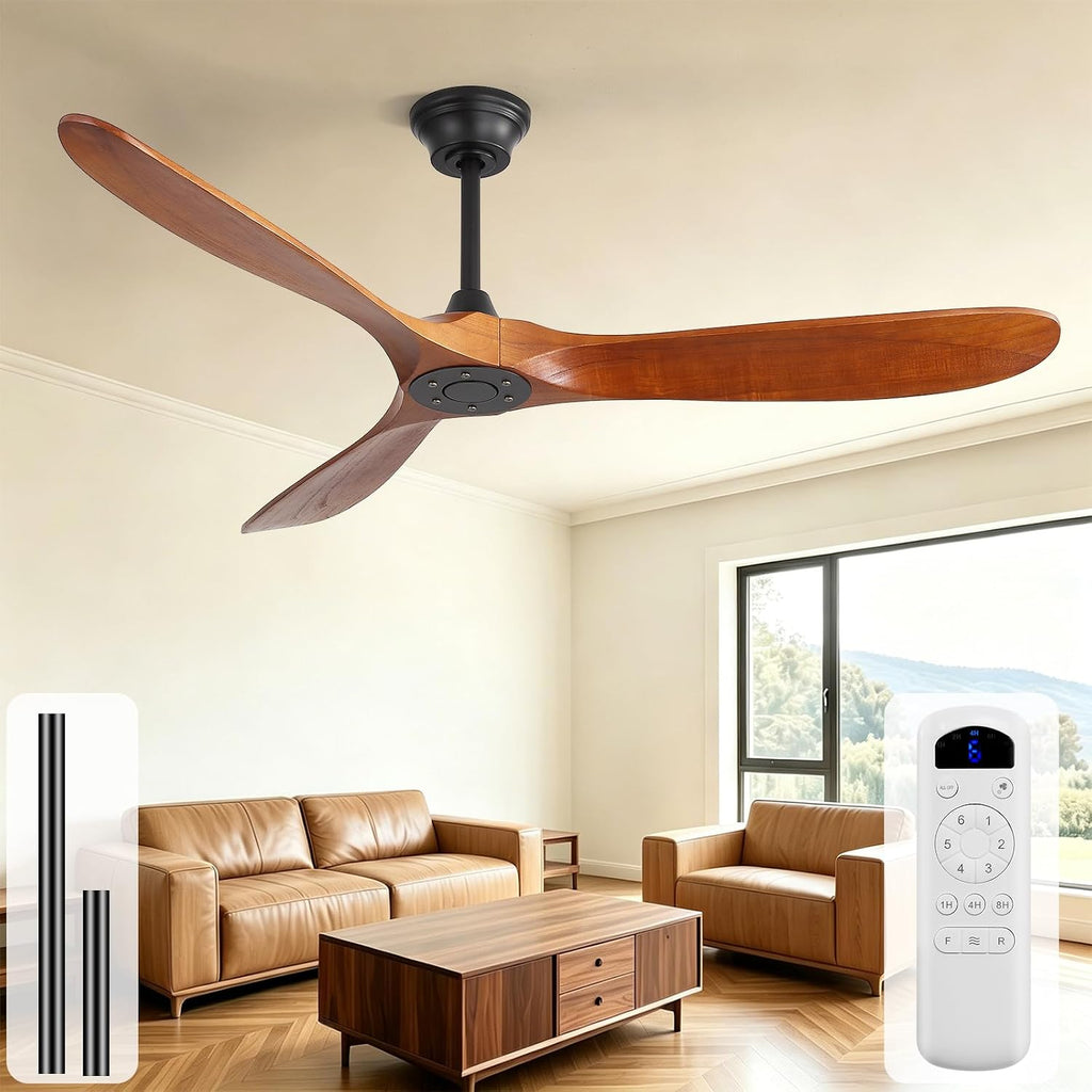 Sofucor 60 Inch Ceiling Fans No Light-Outdoor Ceiling Fan with Remote Control, Quiet DC Motor, 3 Blades Modern Solid Wood Ceiling Fan Without Light for Indoor Bedroom Living Room Patios Farmhouse