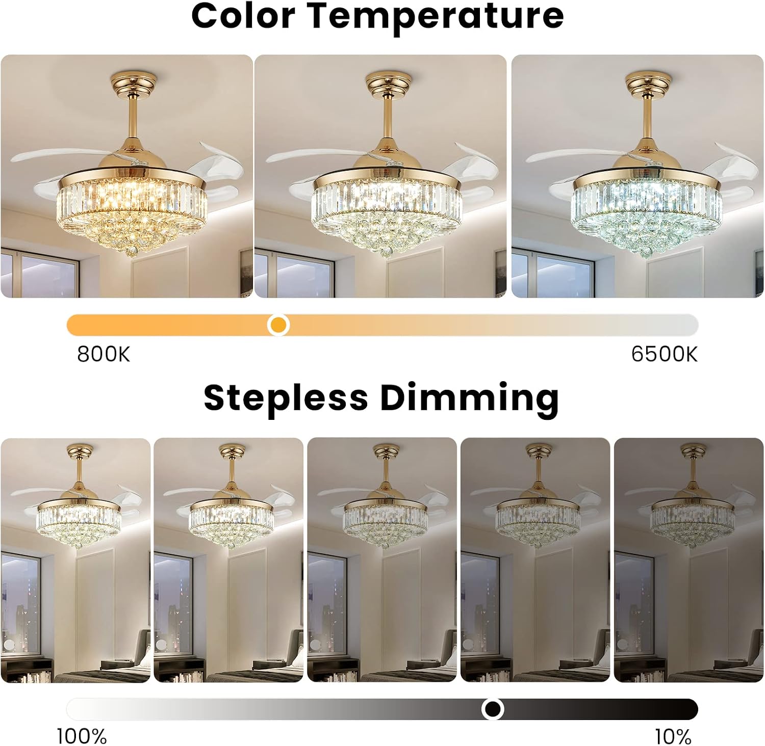 Modern Crystal Ceiling Fans with Lights and Remote Retractable Invisible Blades LED Dimmable Fandelier Gold Chandelier Ceiling Fan for Dining Room, Living Room, Bedroom 42 Inches