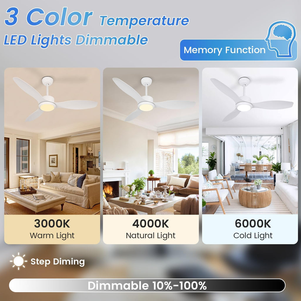 48 inch White Ceiling Fans with Lights and Remote, Modern Ceiling Fan with 3 Blades, Quiet Reversible DC Motor, 3 Color Dimmable Lights,6 Speed, for Bedroom Living Room Indoor Outdoor Patios