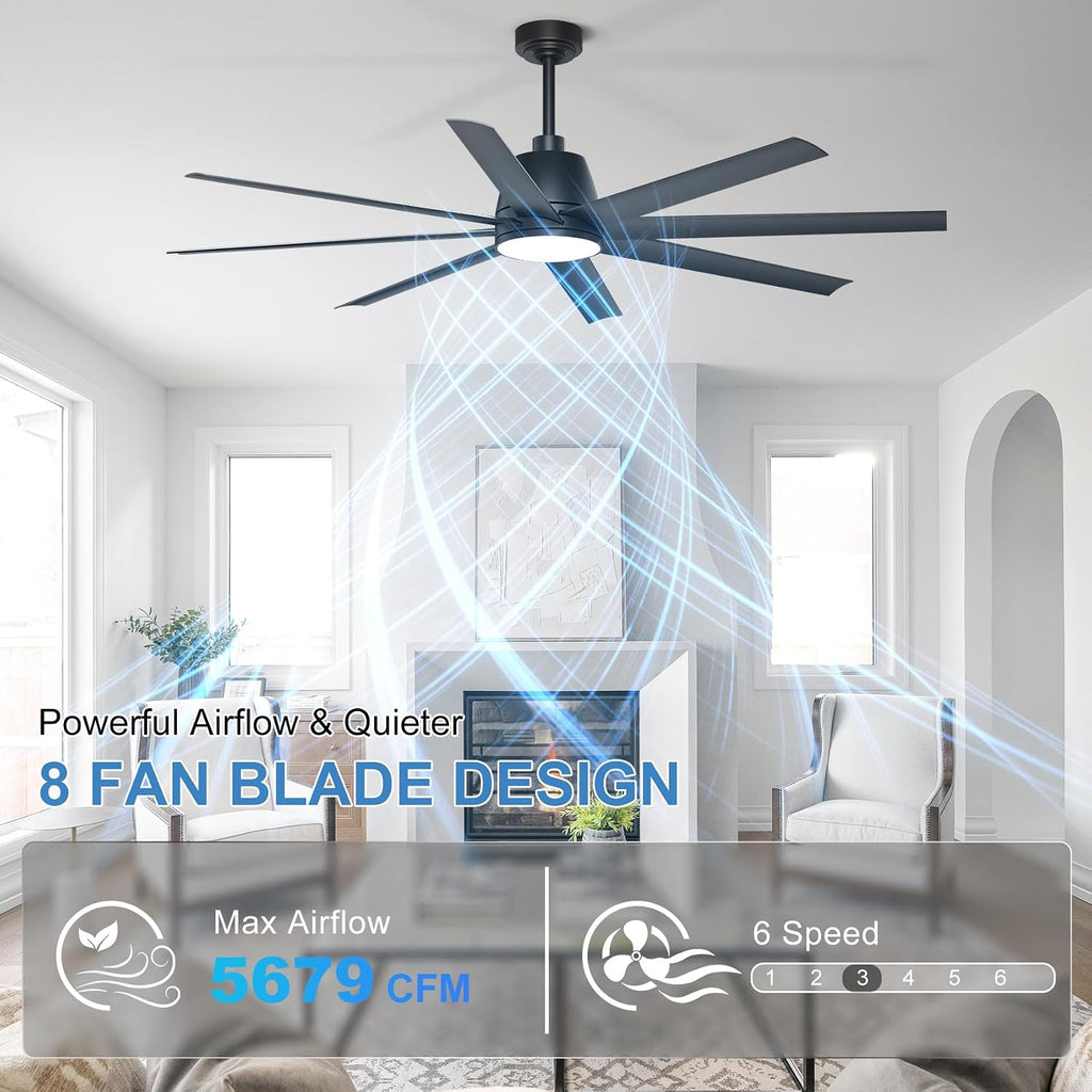 Ceiling Fan with Lights, 65'' Outdoor Ceiling Fan with Remote & APP Control, Dimmable, Black Modern Ceiling Fans for Patio Living Room Garage Shop