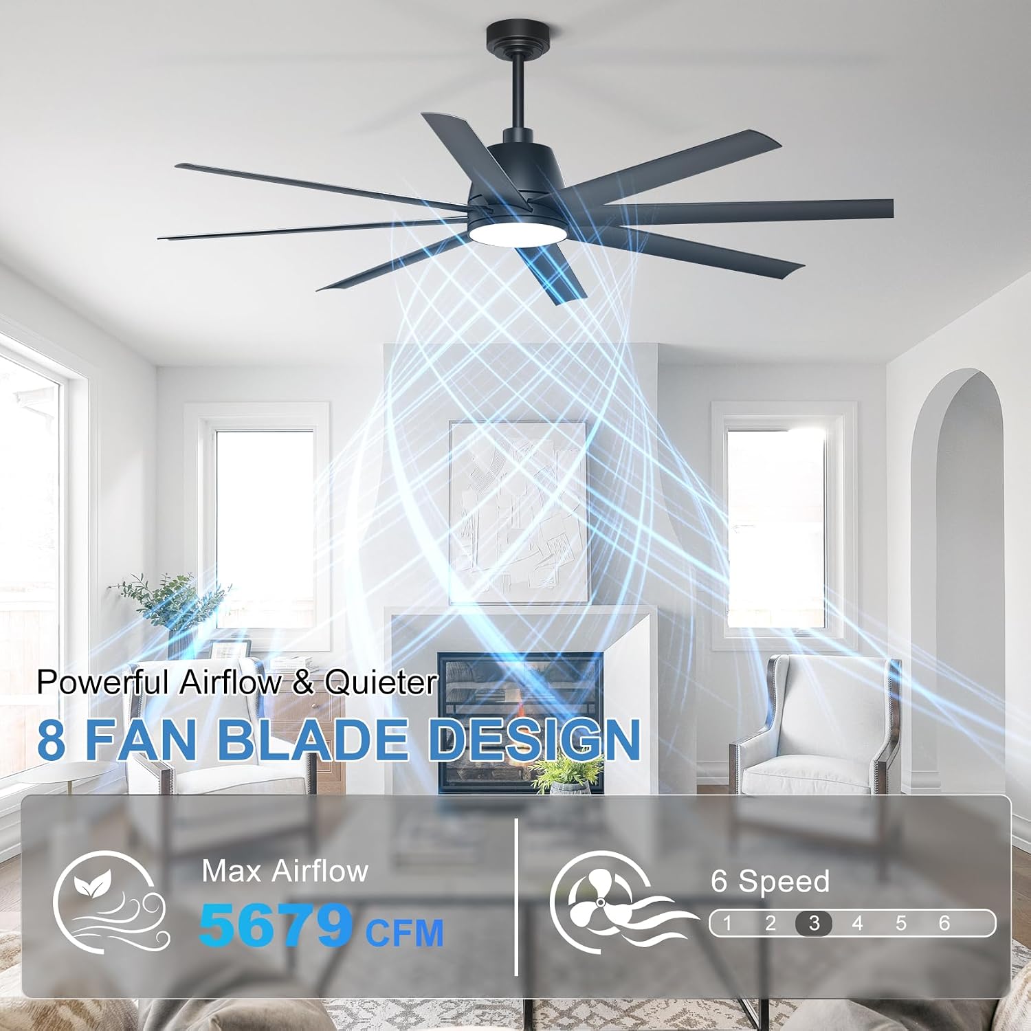 Ceiling Fan with Lights, 65'' Outdoor Ceiling Fan with Remote & APP Control, Dimmable, Black Modern Ceiling Fans for Patio Living Room Garage Shop
