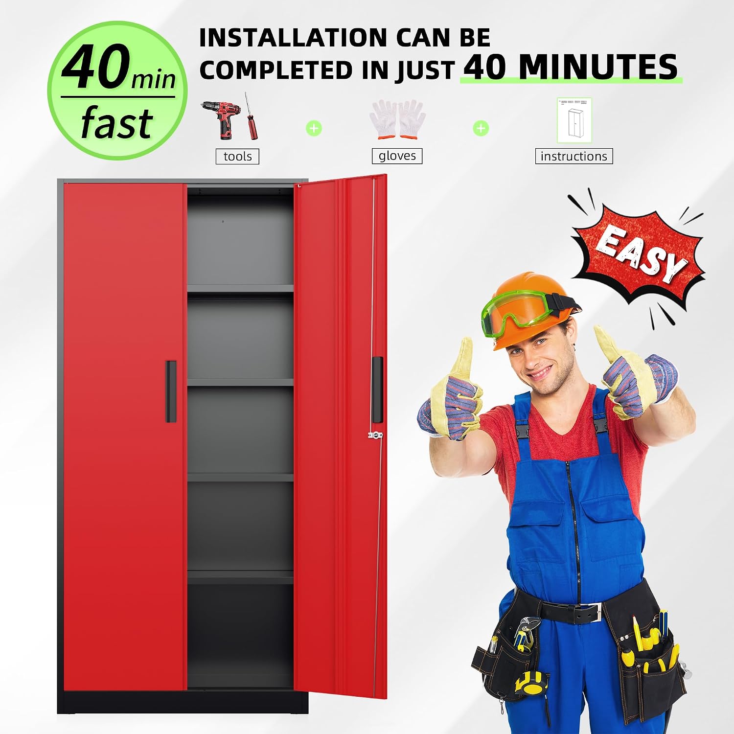 Bonusall 72' Metal Garage Storage Cabinet - 900lbs Heavy Duty Steel Cabinet with 3-Point Locking System & 4 Adjustable Shelves, Lockable Tall Storage for Garage, Office, Warehouse - Black & Red