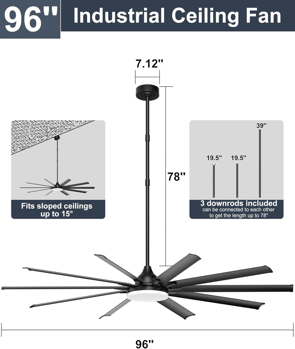 Ohniyou 96'' Industrial Ceiling Fan with Bright Lights - Remote/APP Control, High CFM, Extra Large Shop Ceiling Fan for Covered Outdoor Patio, Gym, Black