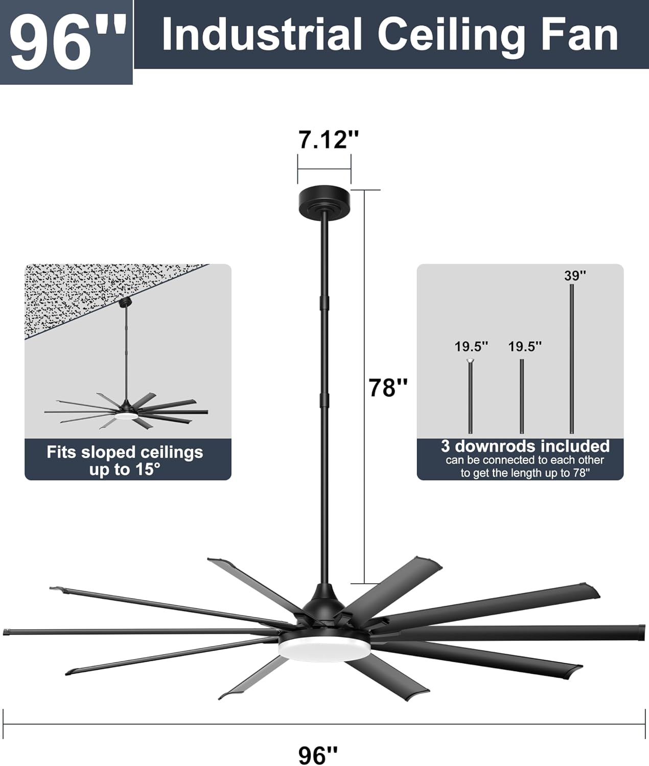 Ohniyou 96'' Industrial Ceiling Fan with Bright Lights - Remote/APP Control, High CFM, Extra Large Shop Ceiling Fan for Covered Outdoor Patio, Gym, Black