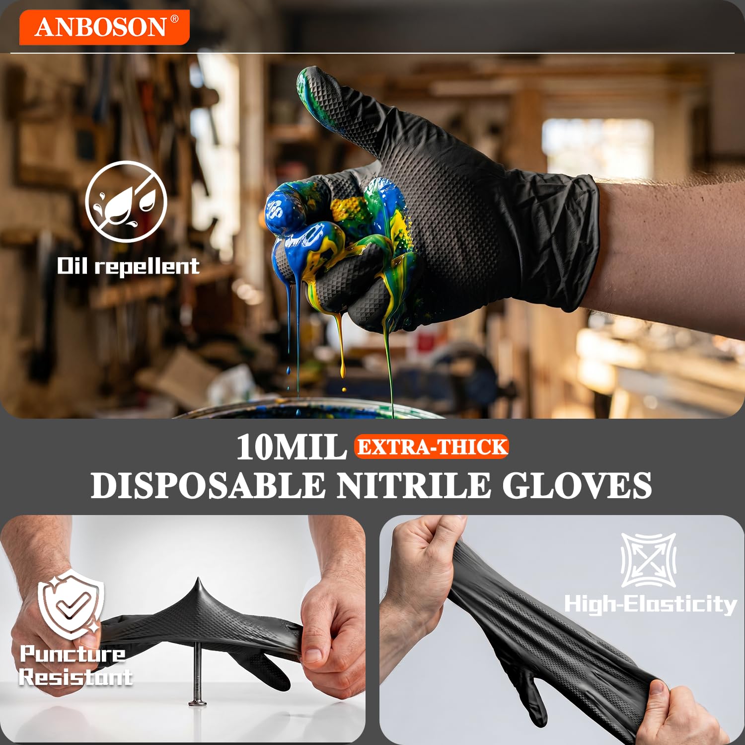 ANBOSON 10mil Nitrile-Gloves Disposable - Chemical-Resistant Rubber - Mechanic Gloves Heavy Duty, Latex Free, Diamond Grip (1000,Black Large)