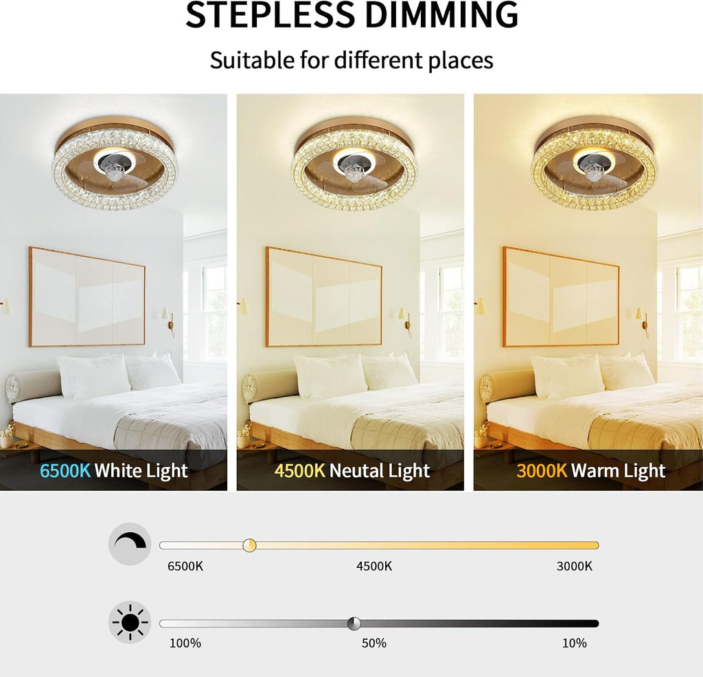 FRIXCHUR Modern Ceiling Fans with Lights and Remote, Dimmable Low Profile Ceiling Fan,Flush Mount Ceiling Fan Stepless Color Temperature Change and 6 Speeds for Bedroom Living Room (Gold)
