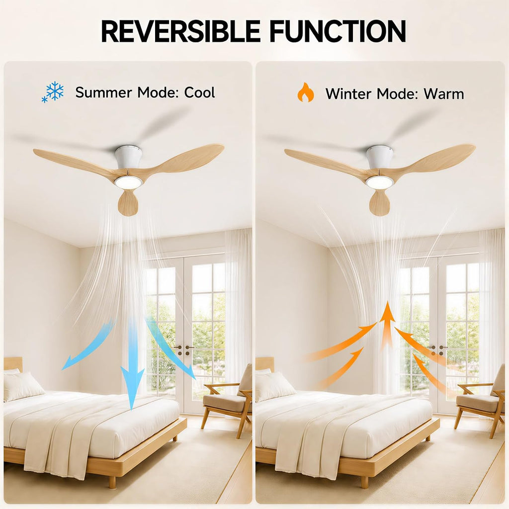 Skylike 42' Flush Mount Wood Ceiling Fan with Lights, 3 Blade Low Profile Farmhouse Ceiling Fan with Remote Control,Quiet Indoor/Outdoor Light Walnut Ceiling Fan for Patio,Gazebo, Balcony, Living Room